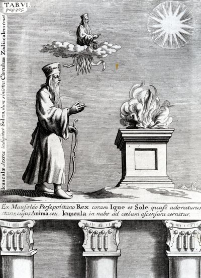 Ilustración de Zoroastro adorando el fuego y el sol, 1697 de English School