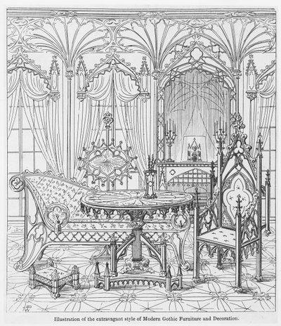 Ilustración del estilo extravagante de Muebles y Decoración Gótica Moderna, de Principios Verdaderos de la Arquitectura Puntiaguda o Cristiana, por Augustus Welby Pugin de English School