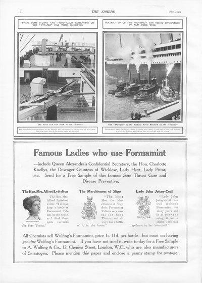 Ilustraciones del Titanic y Olympic, de The Sphere, 04 de mayo de 1912 de English School