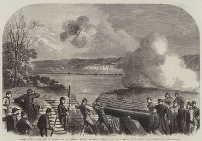 Ilustraciones de la guerra en América, la batería de Howlett en el río James, enfrentando a los monitores federales de English School