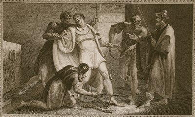 Encarcelamiento de Esteban, ilustración de La Historia de Inglaterra de David Hume, pub. por R. Bowyer, Londres, 1812 de English School