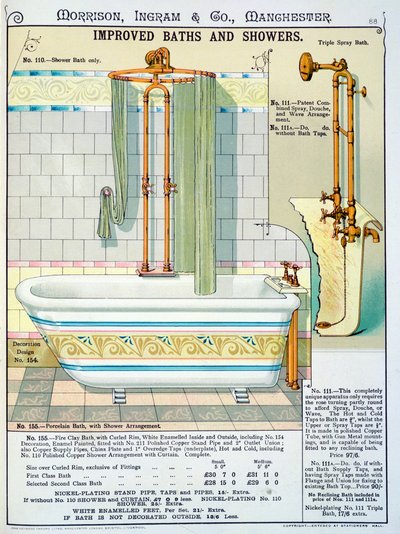 Baños y duchas mejorados de un catálogo de artículos sanitarios producidos por Morrison, Ingram & Co., Manchester, publicado c.1890 de English School