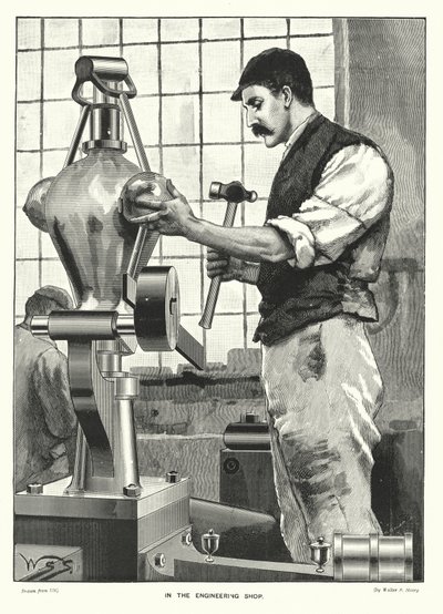 En el taller de ingeniería (grabado) de English School