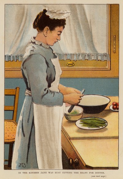 En la cocina Jane estaba ocupada cortando las judías para la cena (litografía en color) de English School