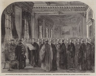 Inauguración del Duque de Devonshire como Canciller de la Universidad de Cambridge, el Orador Público leyendo el Discurso a Su Gracia (grabado) de English School