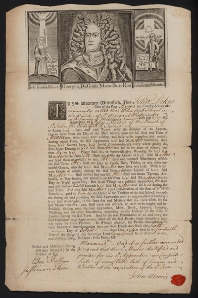 Contrato de aprendizaje para un niño de la escuela de caridad Bluecoat de Westminster, Londres. de English School
