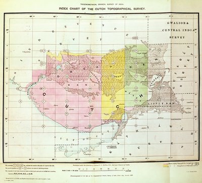 Carta índice de la Encuesta Topográfica de Cutch por la Rama Trigonométrica, Encuesta de la India, Dehra Dun, noviembre de 1884 de English School