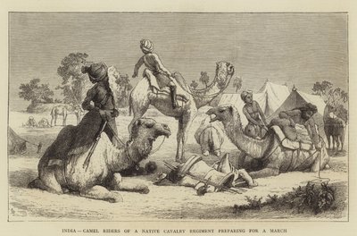 India, jinetes de camellos de un regimiento de caballería nativa preparándose para una marcha de English School
