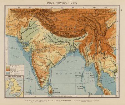 India, Mapa físico (litografía en color) de English School