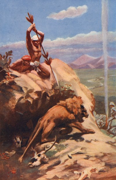 Hombre indio alanceando a un león (litografía en color) de English School