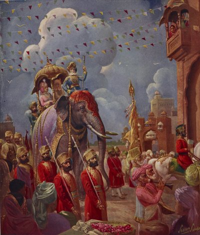Procesión india con elefante, pintura de Sobha Singh, del suplemento indio del Illustrated London News. de English School