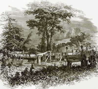 Sepulcros indios en las orillas del río Cowlitz de English School