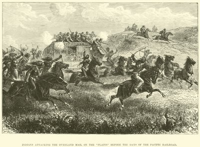 Indios atacando el correo terrestre en las llanuras antes de los días del ferrocarril del Pacífico de English School