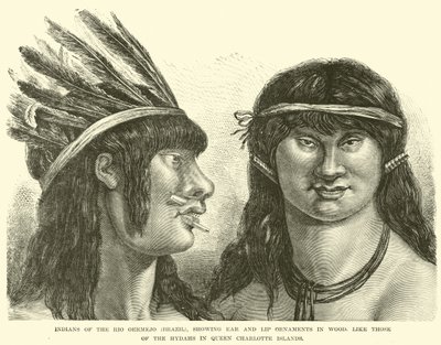 Indios del Río Oermejo (Brasil), mostrando adornos de oreja y labio en madera, como los de los Hydahs en las Islas de la Reina Carlota de English School