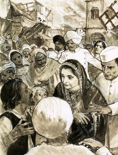 Indira Gandhi en la ciudad de Ahmadabad durante los disturbios de English School