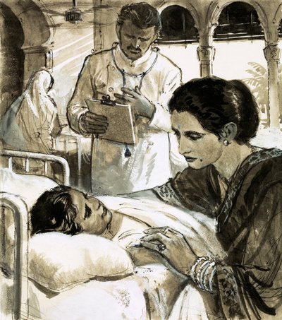 Indira Gandhi cuidando a un niño en el hospital de English School