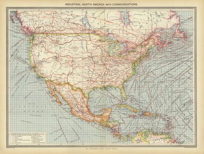 América del Norte industrial con comunicaciones (litografia en color) de English School