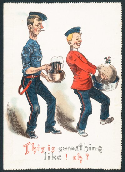 Caballeros ebrios llevando pudín de ciruela y bebida (Humorístico), tarjeta de Navidad de English School