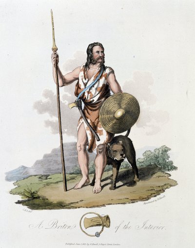 Habitante de las Islas Británicas y su perro - en "Celtas y Godos, costumbres de los habitantes de las Islas Británicas del siglo VI temprano y de las naciones godas de la costa oeste del Báltico", por S.R. Meyrick y Ch. Smith de English School