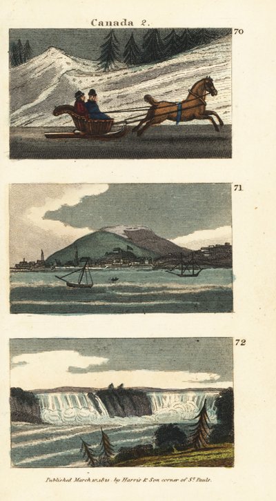 Habitantes de Quebec montando un carruaje tirado por caballos o trineo sobre hielo, vista de Montreal, y vista de las Cataratas del Niágara de English School