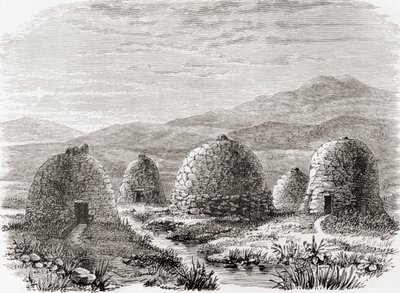 Cabañas habitadas en Uig, Isla de Lewis en las Hébridas Exteriores en 1859, de 