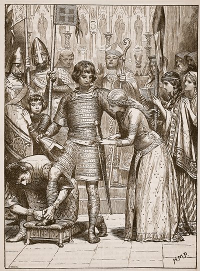 Iniciación en la orden de la caballería, ilustración de Cassells Illustrated History of England de English School