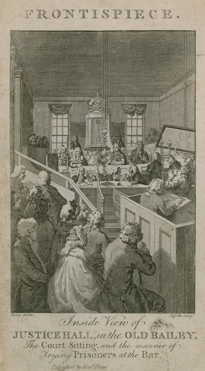 Vista interior de Justice Hall en el Old Bailey, la corte en sesión, y la manera de juzgar a los prisioneros en el Bar de English School