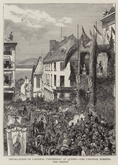 Instalación del Cardenal Taschereau en Quebec, el Cardenal bendiciendo al pueblo (grabado) de English School