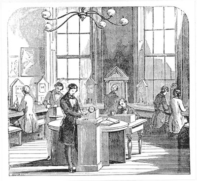Sala de instrumentos en la Oficina de Telégrafos Eléctricos, Lothbury, Londres, de The Museum of Science and Art por Dionysius Lardner, c.1860 de English School