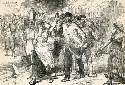 Insurgentes devastando las calles de París, tomado de Cassells Illustrated History, 1872 de English School