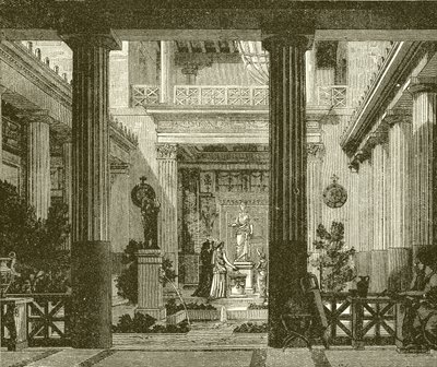 Patio interior de una casa griega con una estatua de la diosa Hestia de English School