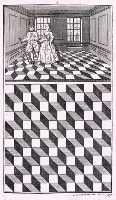 Interior, Ilustración de Diversos Tipos de Decoración de Suelos, por John Carwitham, 1739, grabado en blanco y negro de English School