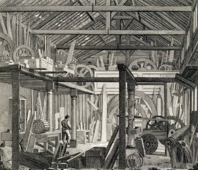 Vista interior de la Casa de Reuniones de John Bunyan en Zoar Street, Gravel Lane, Southwark, utilizada como taller y aserradero, c.1822 de English School