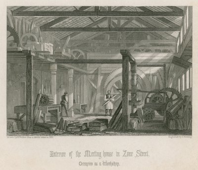 Interior de la casa de reuniones de John Bunyan en Zoar Street, Gravel Lane, Southwark de English School