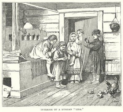 Interior de una "Izba" rusa (grabado) de English School