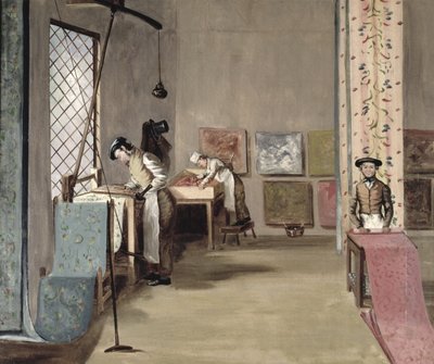 Interior de una fábrica de papel pintado (óleo sobre lienzo) de English School