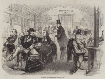 Interior de un vagón de ferrocarril americano (grabado) de English School
