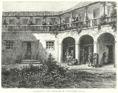 Interior del patio de una casa boloñesa (grabado) de English School