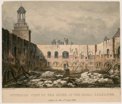 Vista interior de las ruinas de la Bolsa Real, Londres, tomada el 11 de enero de 1838 de English School