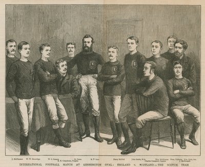 Partido internacional de fútbol en Kennington Oval; Inglaterra contra Escocia, el equipo escocés de English School