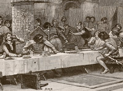Interrumpiendo la Cena de Navidad de Balliol, ilustración de Cassells Illustrated History of England de English School