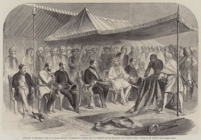Entrevista en Sealkote, el 9 de marzo, entre el Maharajá Rumbeer Singh de Cachemira y Su Excelencia Lord Canning de English School
