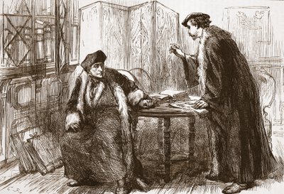 Entrevista entre Erasmo y Calvino, ilustración de La Historia del Protestantismo de James Aitken Wylie, pub. 1878 de English School