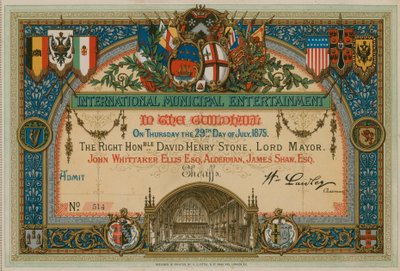 Invitación a Entretenimiento Municipal Internacional en el Guildhall, Londres, el 29 de julio de 1875 de English School