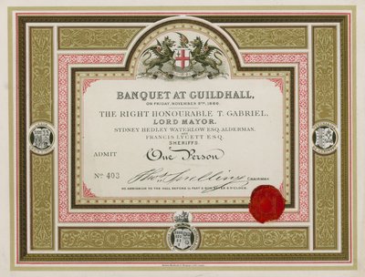 Invitación a un banquete en el Guildhall, Londres, el 9 de noviembre de 1866 de English School