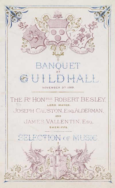 Invitación a un banquete en el Guildhall, Londres, el 9 de noviembre de 1869 de English School