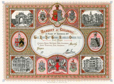 Invitación a un banquete en el Guildhall, Londres, el 9 de noviembre de 1877 de English School