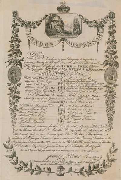 Invitación a una cena organizada por el London Dispensary en el London Tavern, 16 de abril de 1804 de English School