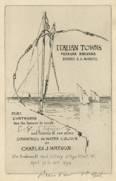 Invitación a una exposición de dibujos en acuarela de Charles J Watson de English School
