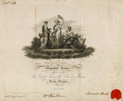 Invitación a la Cena del Alcalde en la Mansion House, Londres, 3 de abril de 1809 de English School